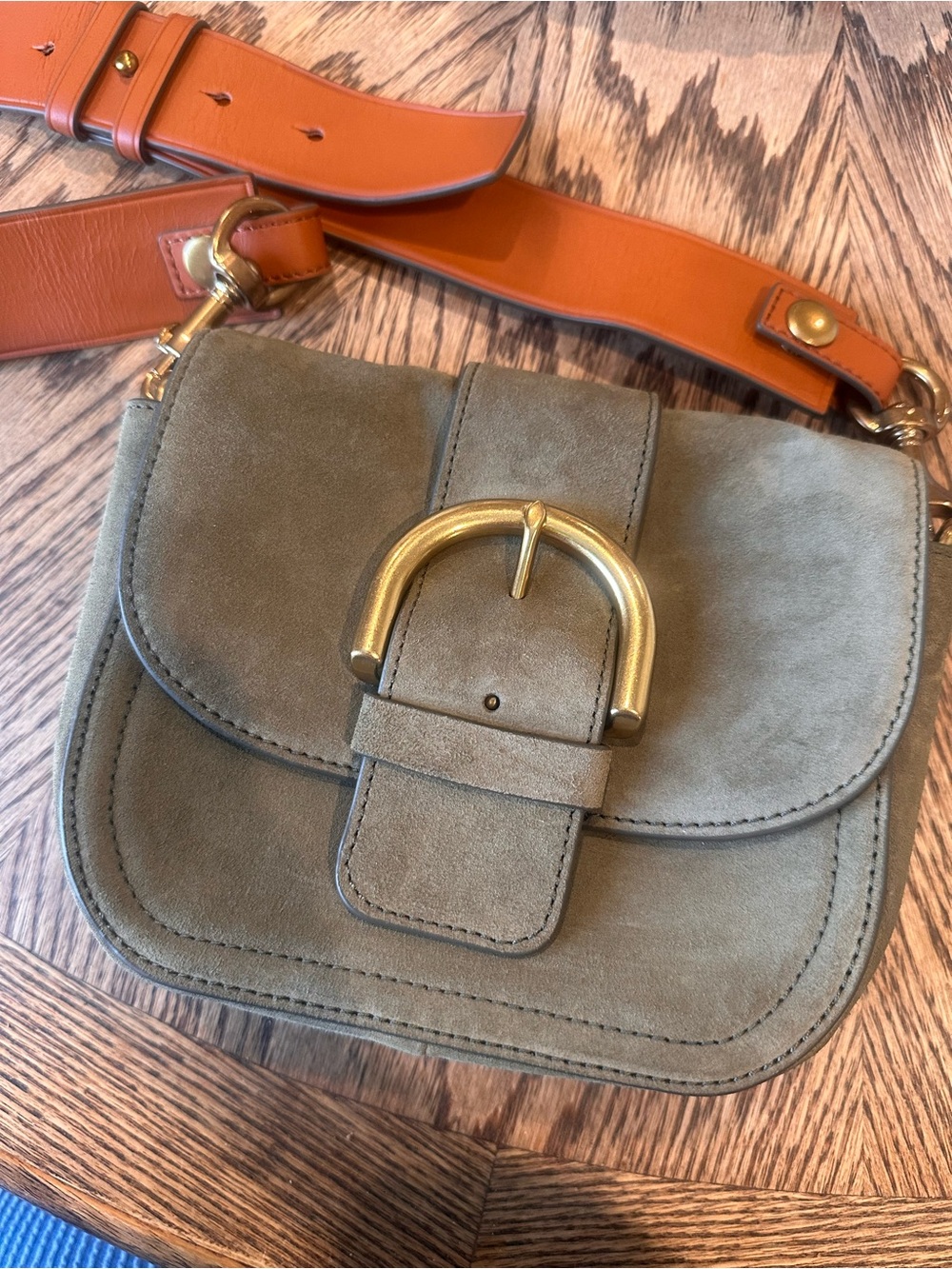 J.Crew Italian Suede Green Crossbody Bag Buckle Magnetic Closure Brown Strap